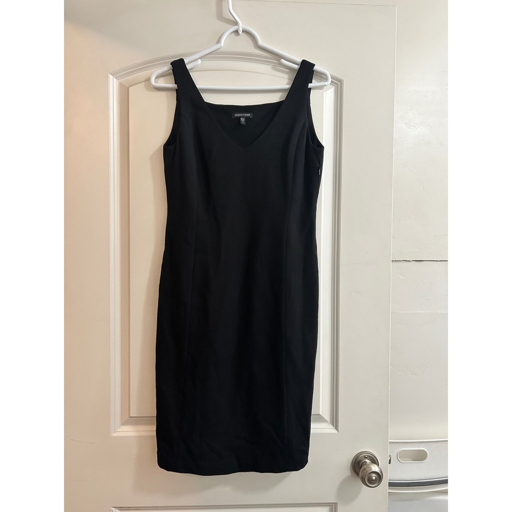 Eileen Fisher Womens Black V-Neck Sheath Dress Italian Fabric Silk Lining XS